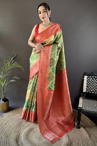 olive green soft lichi silk blend rangcut jacquard zari weaving banrasi saree