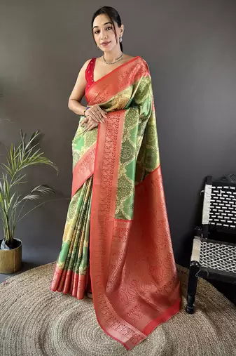 olive green soft lichi silk blend rangcut jacquard zari weaving banrasi saree