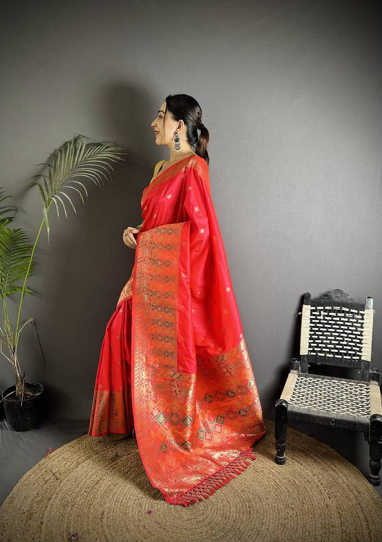 coral red soft lichi silk blend multicolour minakari zari weaving patola saree