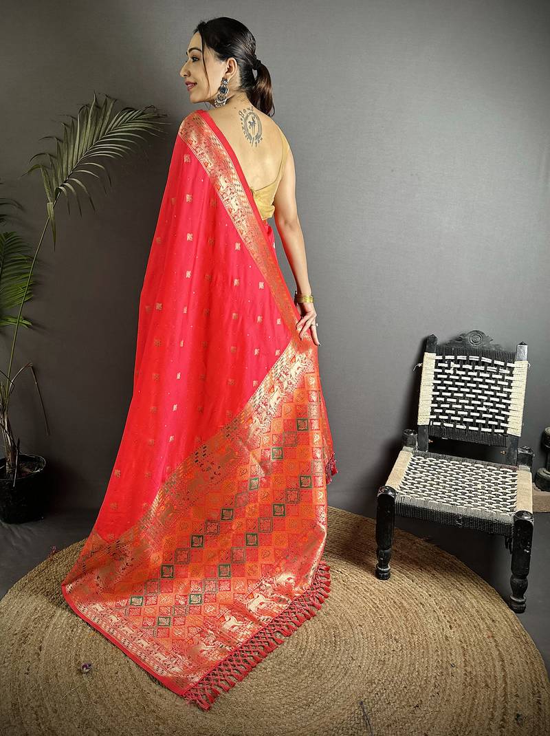 coral red soft lichi silk blend multicolour minakari zari weaving patola saree