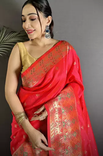 coral red soft lichi silk blend multicolour minakari zari weaving patola saree