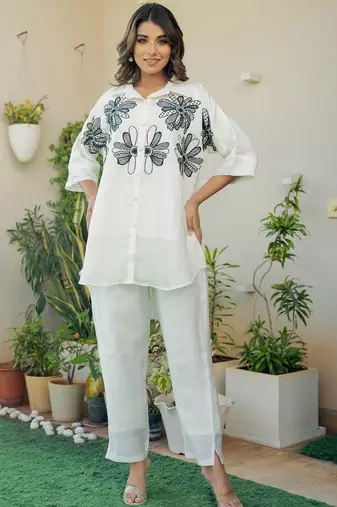 Off white and black emboridered co ord set