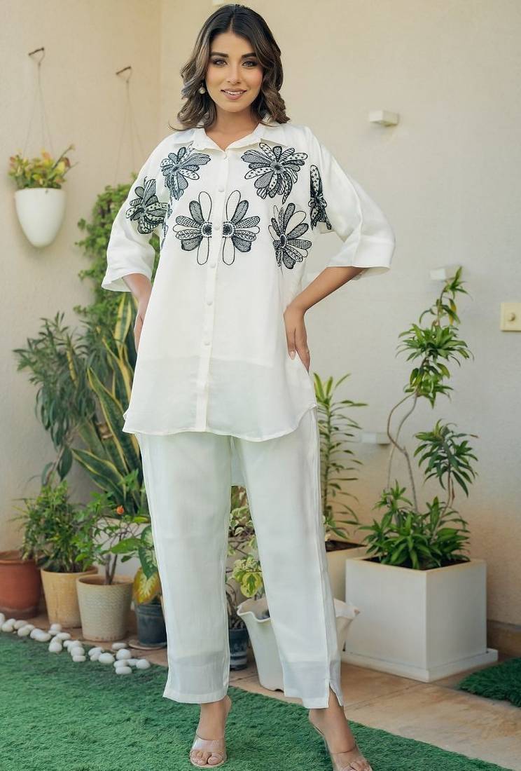 Off white and black emboridered co ord set