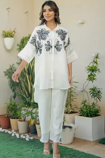 Off white and black emboridered co ord set