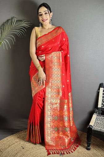 red soft lichi silk blend multicolour minakari zari weaving patola saree