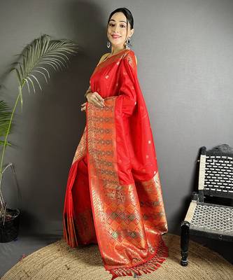 red soft lichi silk blend multicolour minakari zari weaving patola saree 2