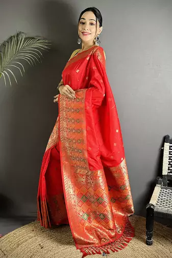 red soft lichi silk blend multicolour minakari zari weaving patola saree