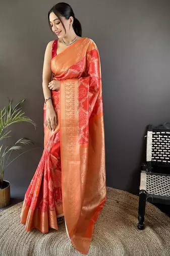 orange soft lichi silk blend rangcut jacquard zari weaving banrasi saree
