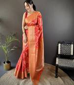 orange soft lichi silk blend rangcut jacquard zari weaving banrasi saree