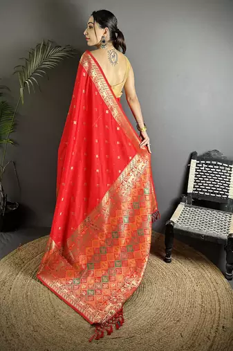 red soft lichi silk blend multicolour minakari zari weaving patola saree