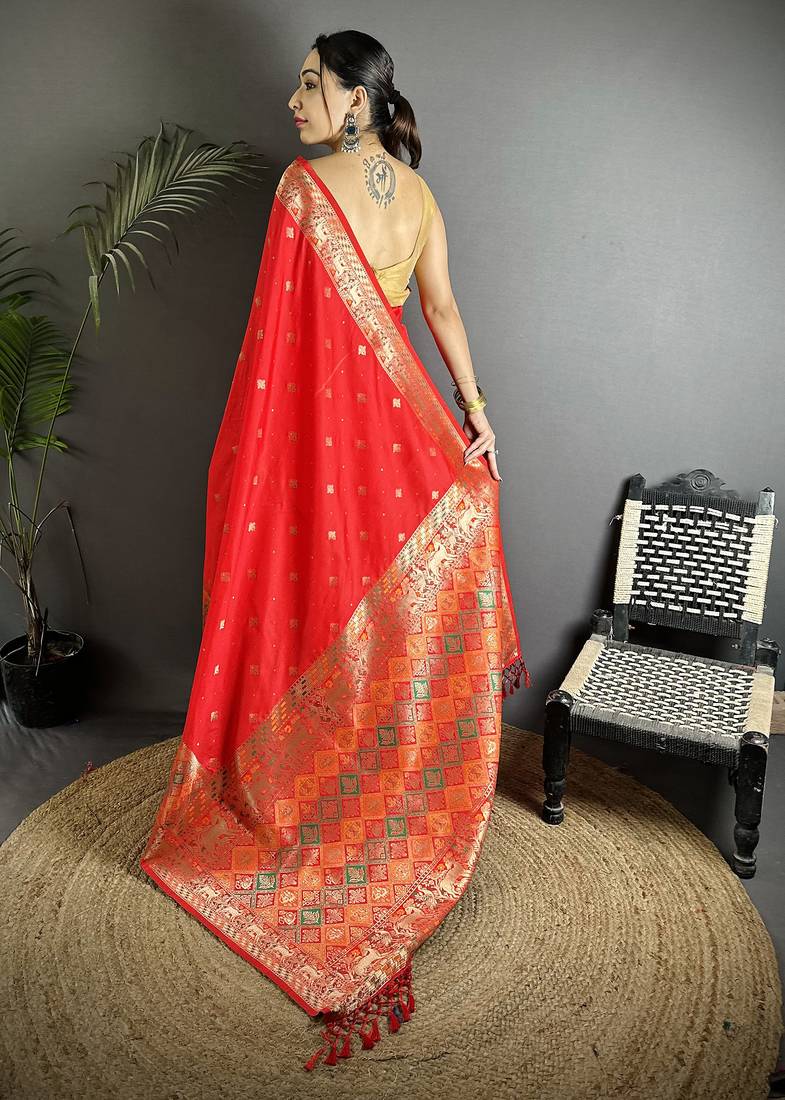 red soft lichi silk blend multicolour minakari zari weaving patola saree