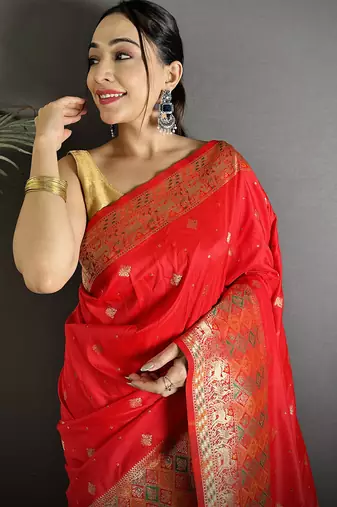 red soft lichi silk blend multicolour minakari zari weaving patola saree