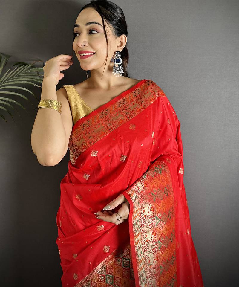 red soft lichi silk blend multicolour minakari zari weaving patola saree