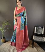 teal soft lichi silk blend rangcut jacquard zari weaving banrasi saree