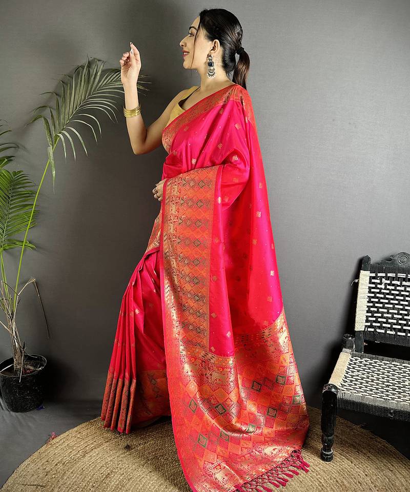 pink soft lichi silk blend multicolour minakari zari weaving patola saree