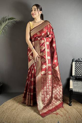 brown soft banarasi silk blend jacquard zari weaving banarasi silk blend saree