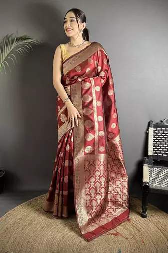 brown soft banarasi silk blend jacquard zari weaving banarasi silk blend saree