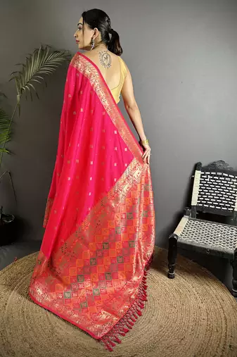 pink soft lichi silk blend multicolour minakari zari weaving patola saree