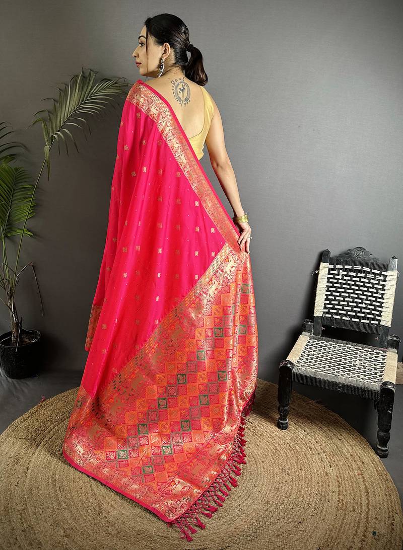 pink soft lichi silk blend multicolour minakari zari weaving patola saree