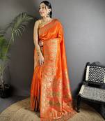 orange soft lichi silk blend multicolour minakari zari weaving patola saree
