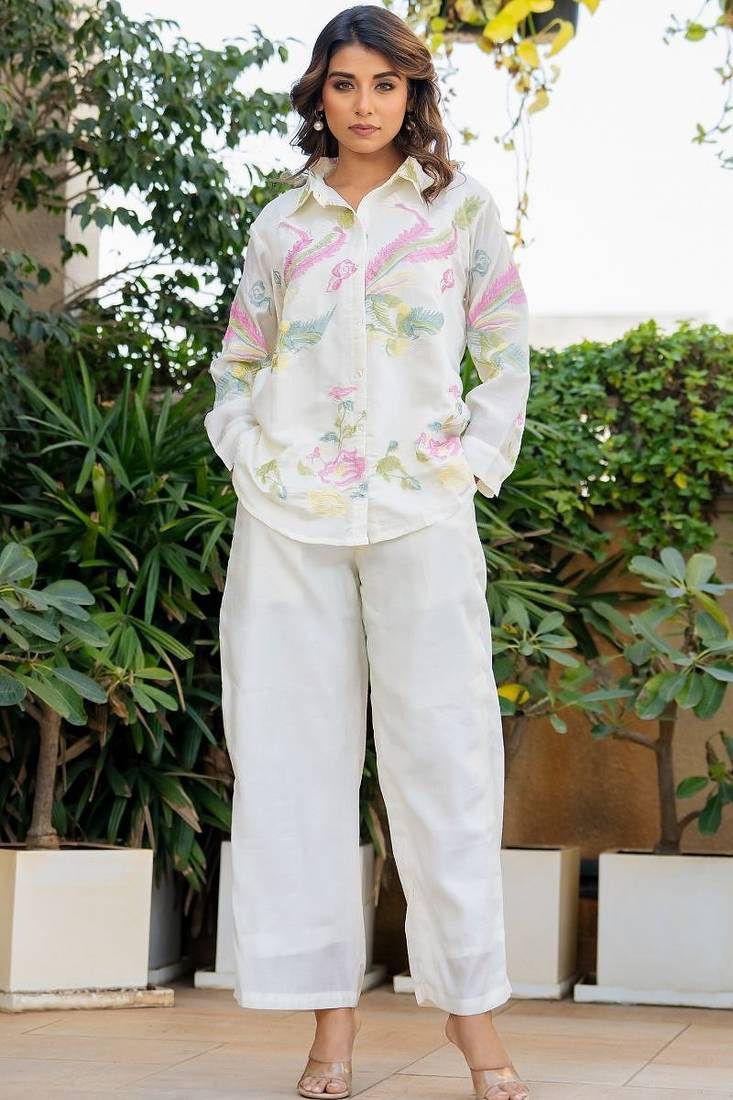 Off white multi colour emboridered co ord set