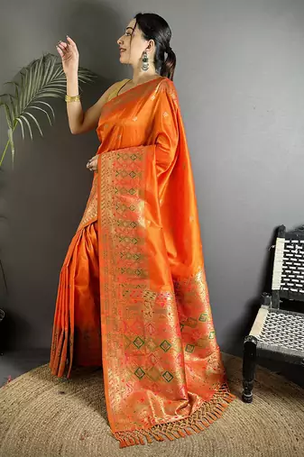 orange soft lichi silk blend multicolour minakari zari weaving patola saree