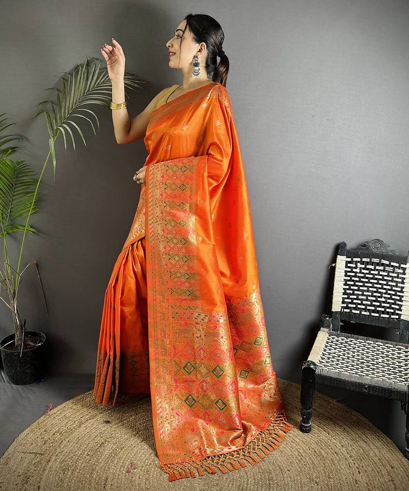 orange soft lichi silk blend multicolour minakari zari weaving patola saree