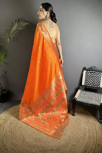 orange soft lichi silk blend multicolour minakari zari weaving patola saree