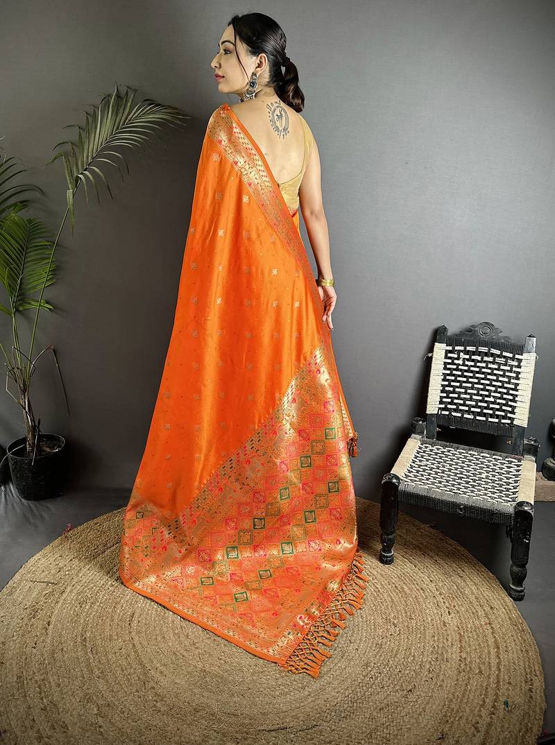 orange soft lichi silk blend multicolour minakari zari weaving patola saree