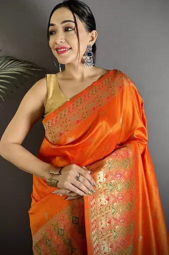 orange soft lichi silk blend multicolour minakari zari weaving patola saree