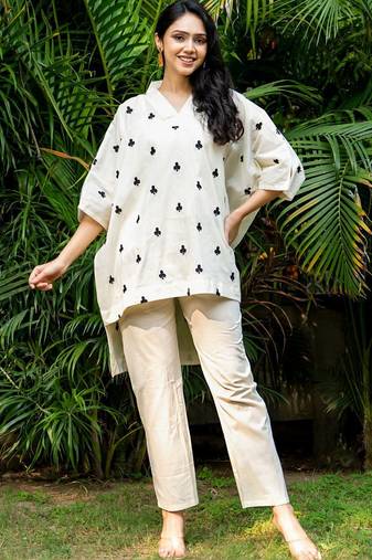 Off white and black emboridered co ord set