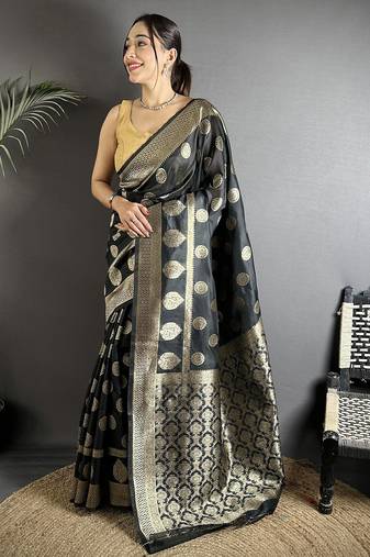 black soft banarasi silk blend jacquard zari weaving banarasi silk blend saree