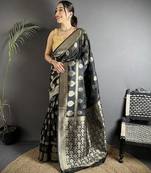 black soft banarasi silk blend jacquard zari weaving banarasi silk blend saree