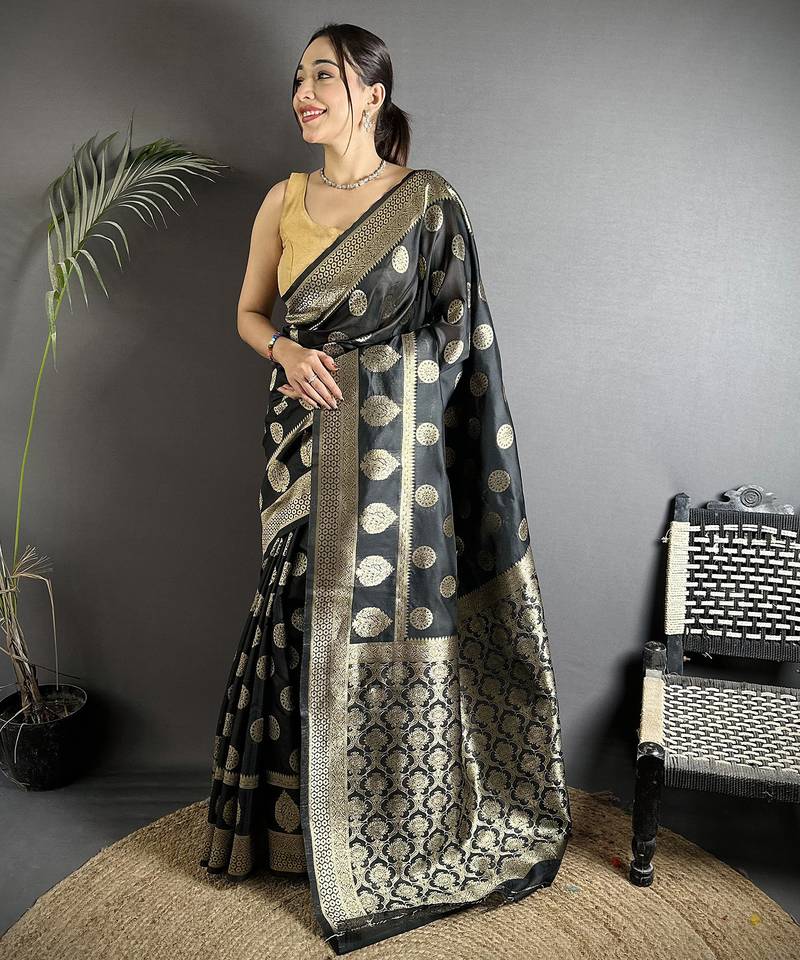 black soft banarasi silk blend jacquard zari weaving banarasi silk blend saree