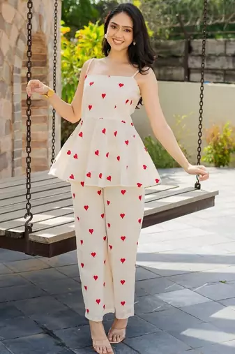 Off white and red emboridered co ord set