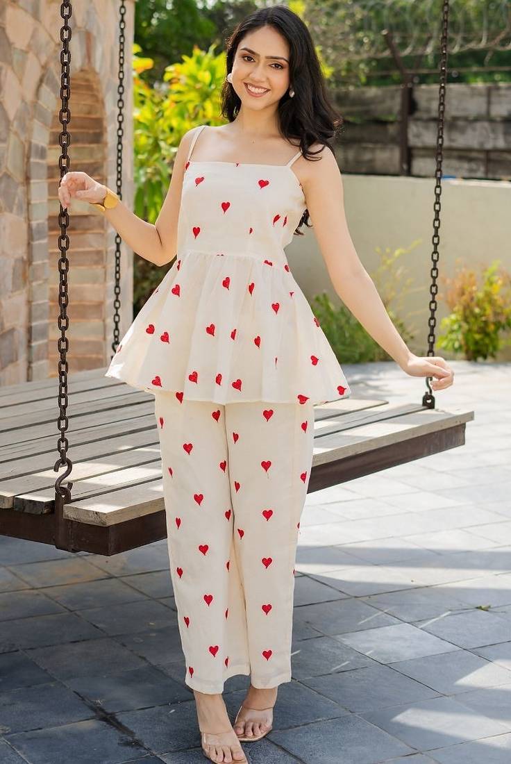 Off white and red emboridered co ord set