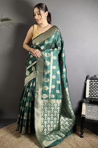 green soft banarasi silk blend jacquard zari weaving banarasi silk blend saree