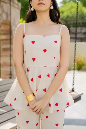 Off white and red emboridered co ord set