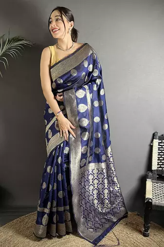 navy blue soft banarasi silk blend jacquard zari weaving banarasi silk blend saree