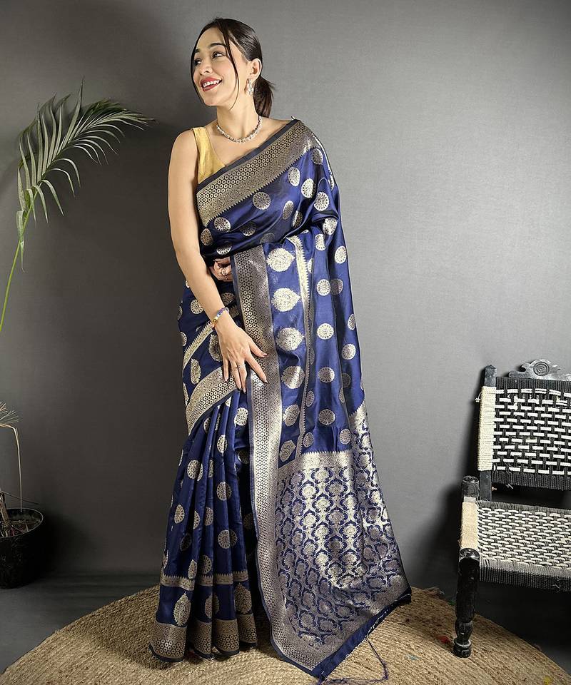 navy blue soft banarasi silk blend jacquard zari weaving banarasi silk blend saree
