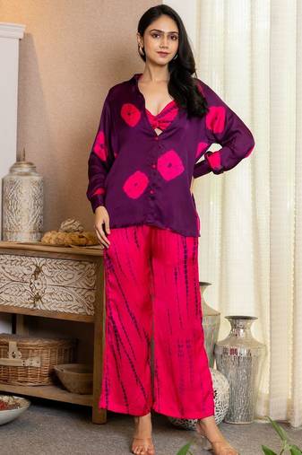 Pink tye dye printed satin co ord set