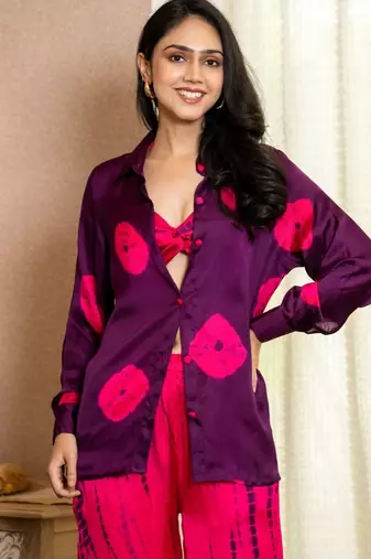 Pink tye dye printed satin co ord set