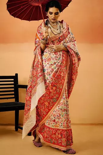 White Pashmina Cotton Silk Saree With Diaphanous Saree With Blouse For Women