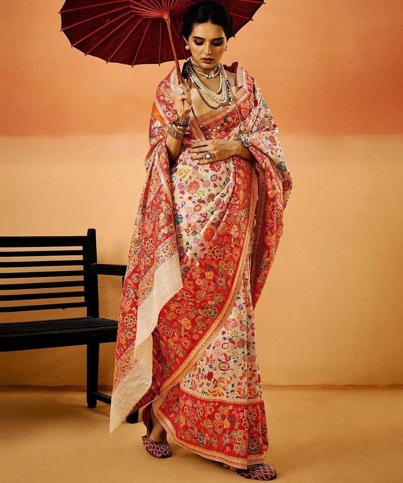 White Pashmina Cotton Silk Saree With Diaphanous Saree With Blouse For Women