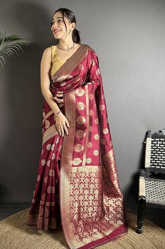 maroon soft banarasi silk blend jacquard zari weaving banarasi silk blend saree