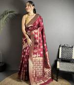 maroon soft banarasi silk blend jacquard zari weaving banarasi silk blend saree