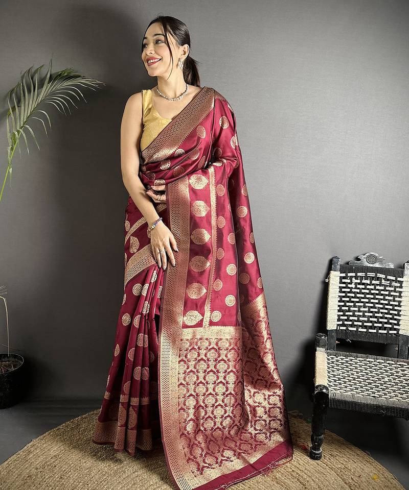 maroon soft banarasi silk blend jacquard zari weaving banarasi silk blend saree
