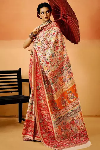 White Pashmina Cotton Silk Saree With Diaphanous Saree With Blouse For Women