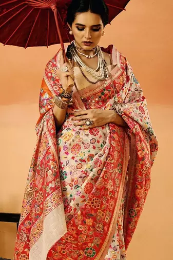 White Pashmina Cotton Silk Saree With Diaphanous Saree With Blouse For Women
