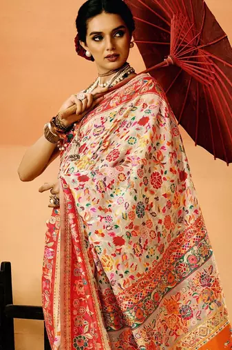 White Pashmina Cotton Silk Saree With Diaphanous Saree With Blouse For Women